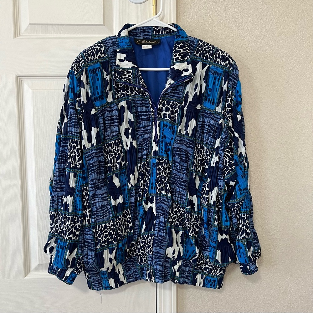Vintage Carina Blue Abstract Retro Animal Print Crinkle Zip Jacket